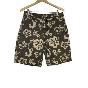 Islander Shorts Mens 32 Green Tropical Flat Front  Olive Cotton Hawaiian